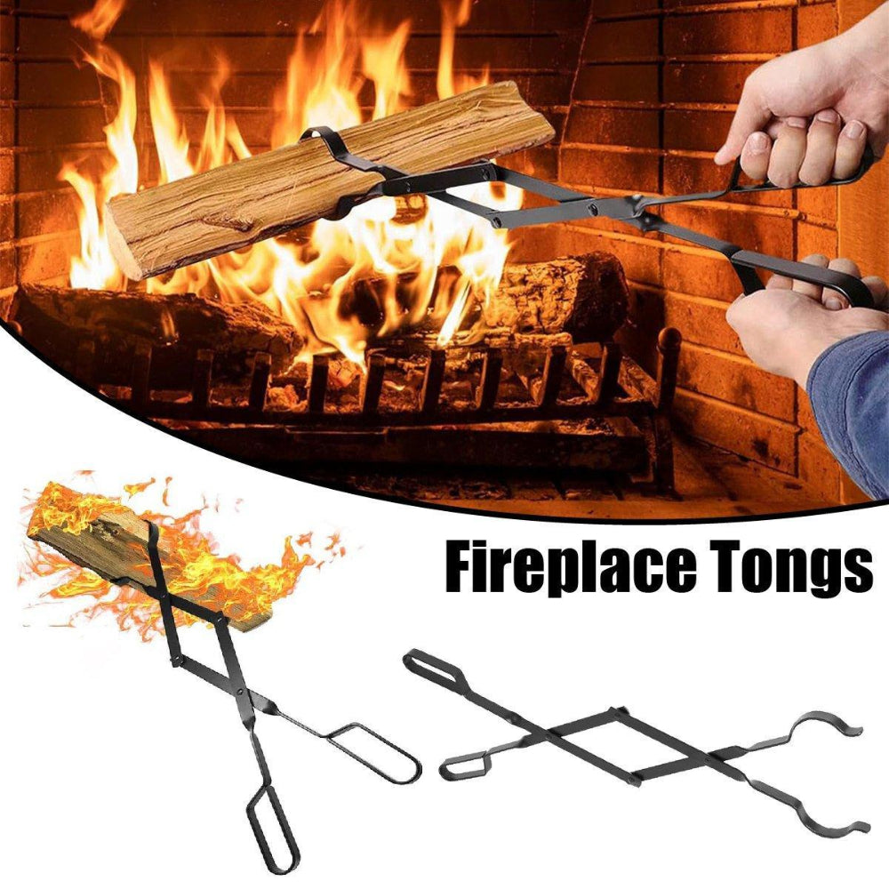 Fireplace tongs being used to handle wood in a fire with close-up details of the tongs.