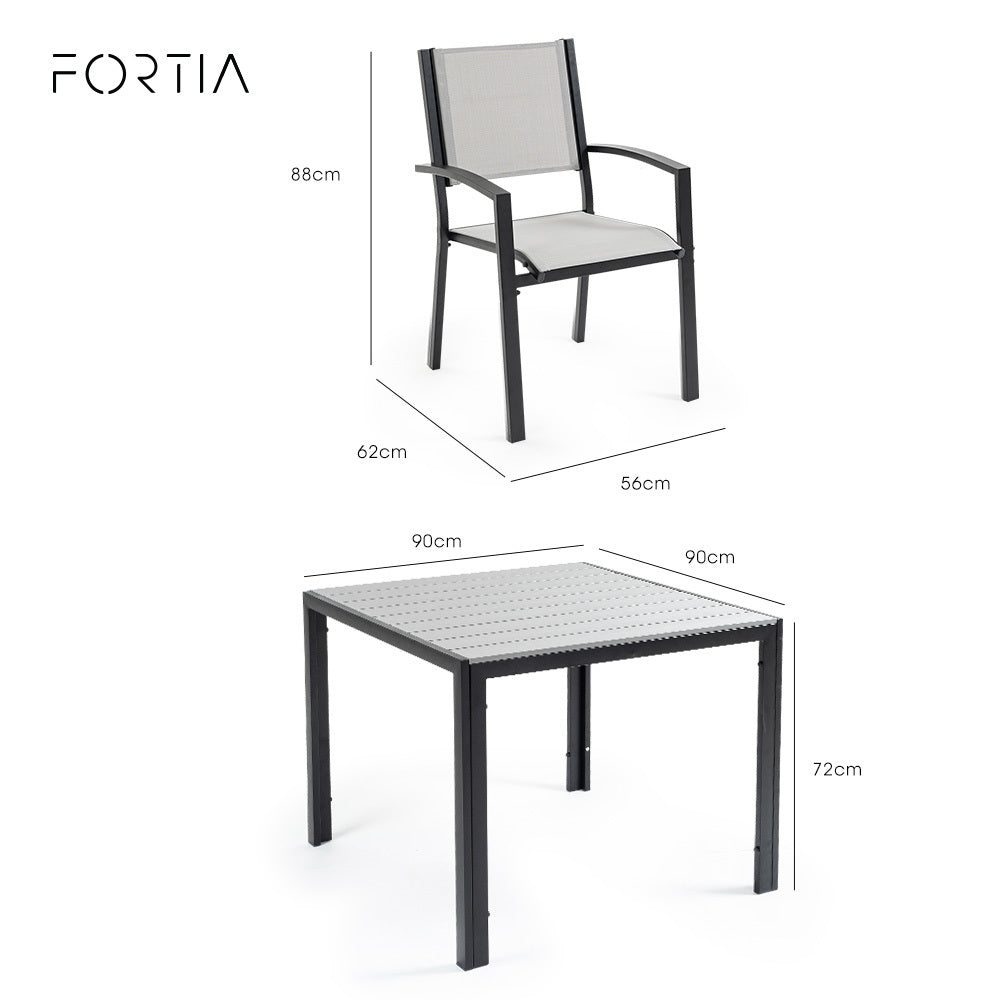 FORTIA outdoor furniture set with chair and table, showing dimensions on a white background