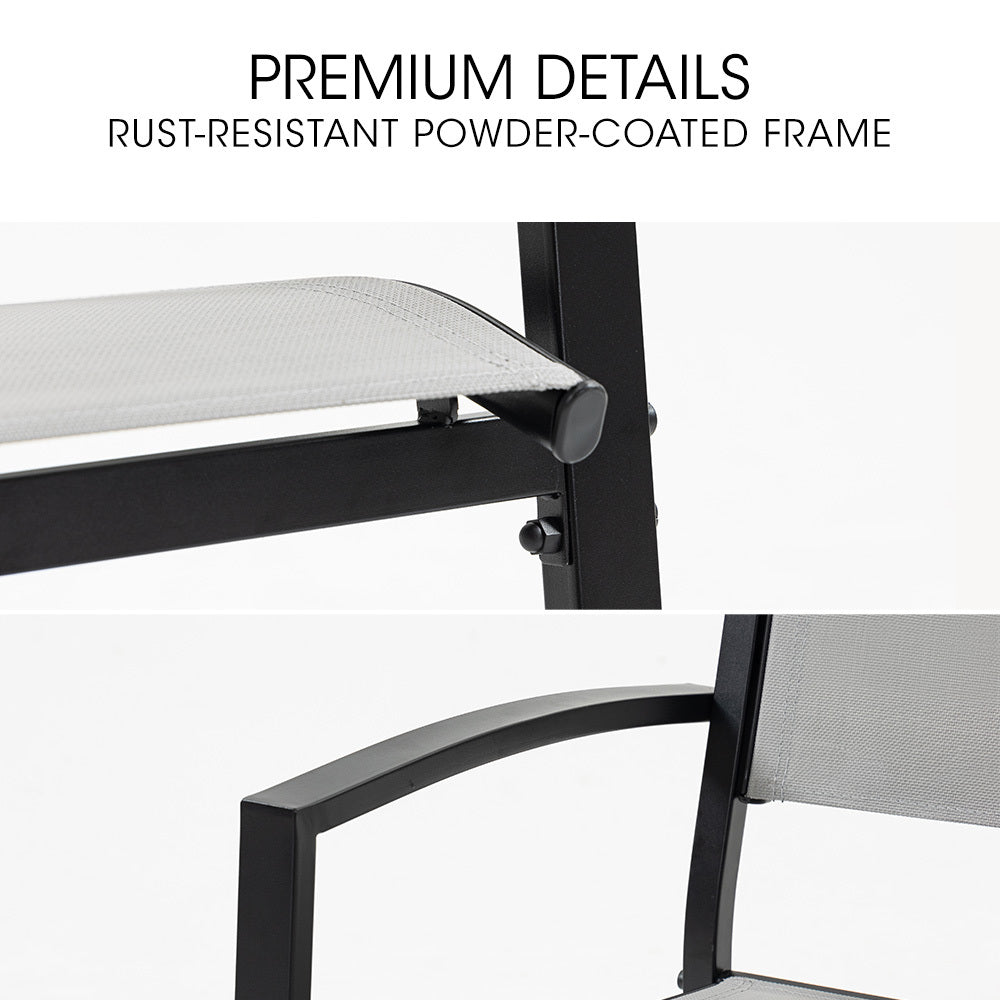 Close-up of a chair with a rust-resistant powder-coated frame on a white background.