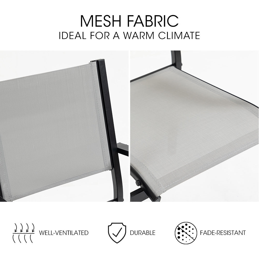 Mesh fabric for outdoor furniture with text highlighting its benefits on a white background.