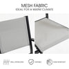 Mesh fabric for outdoor furniture with text highlighting its benefits on a white background.