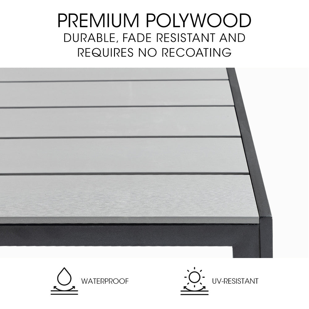 Gray wooden deck with text highlighting premium polywood properties on a white background