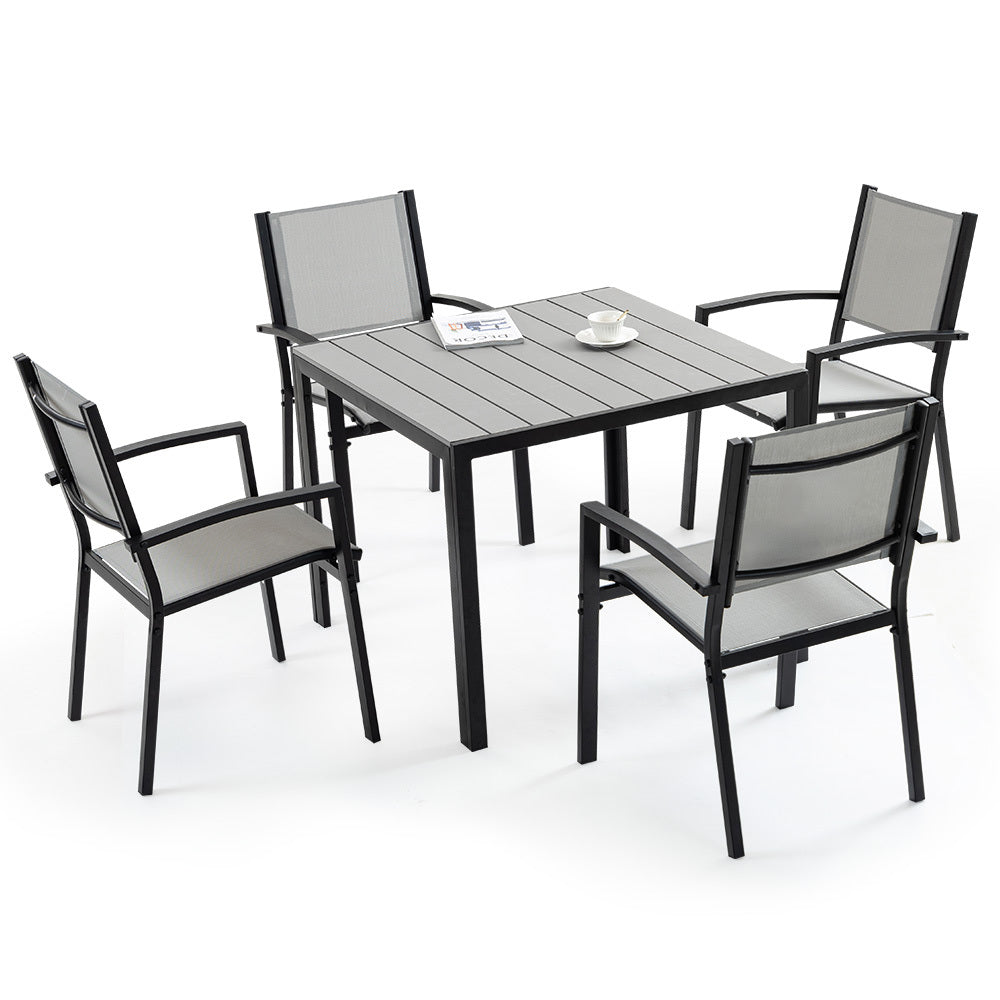 Outdoor furniture set with a square table and four chairs on a white background