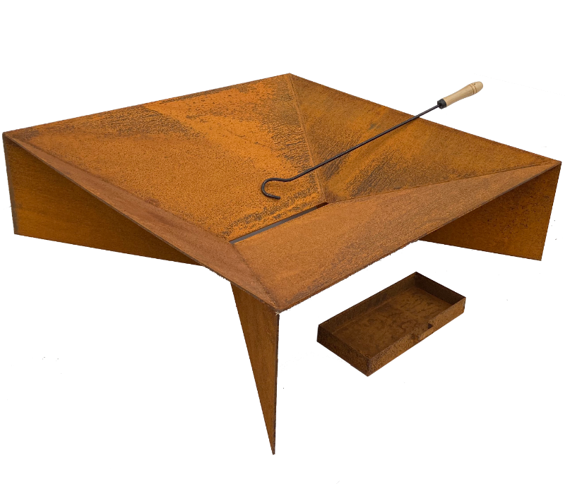 Natural Rust Fuji Fire Pit complete with poker and ashtray on a white background.