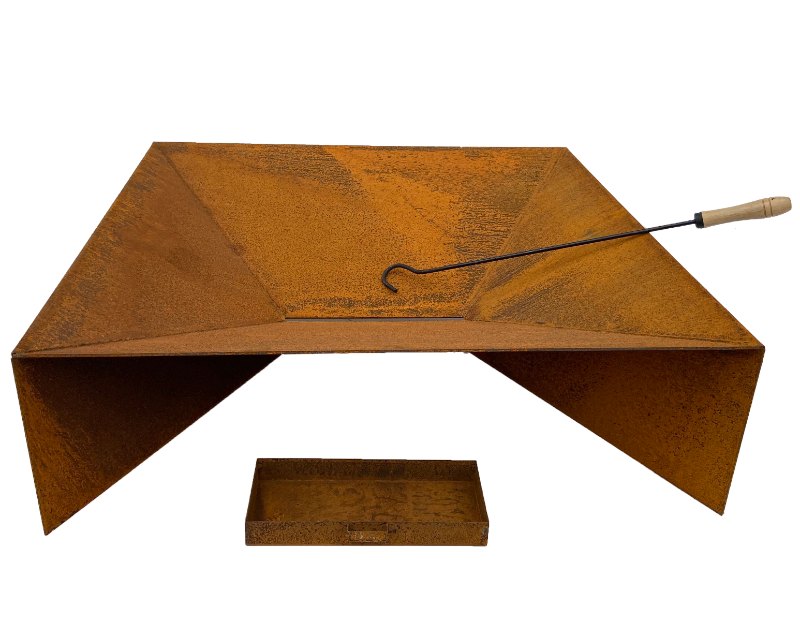 Fuji Rust FirePit complete with ashtray and poker on a white background.