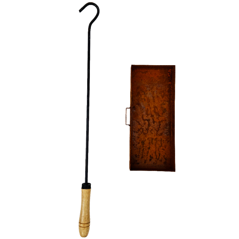 Removable ashtray and steel poker with wood handle for the Fuji fire pit on a white background.