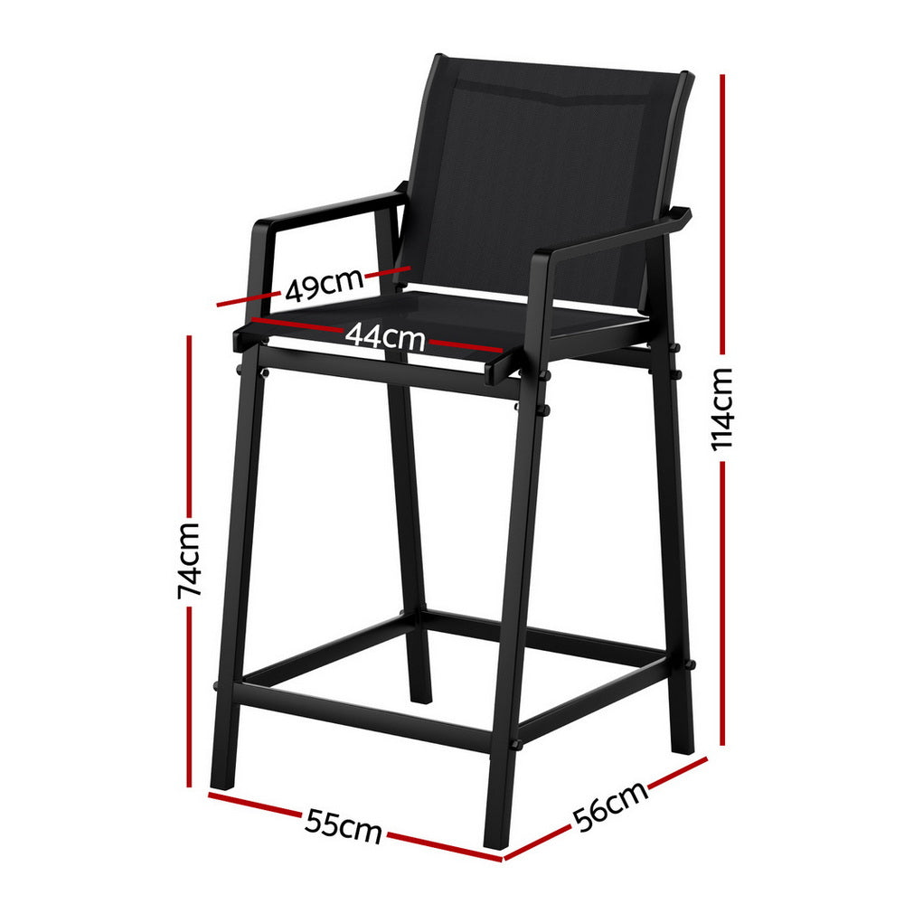 Black bar stool with dimensions marked on a white background