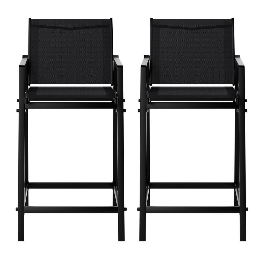 Two black bar stools on a white background