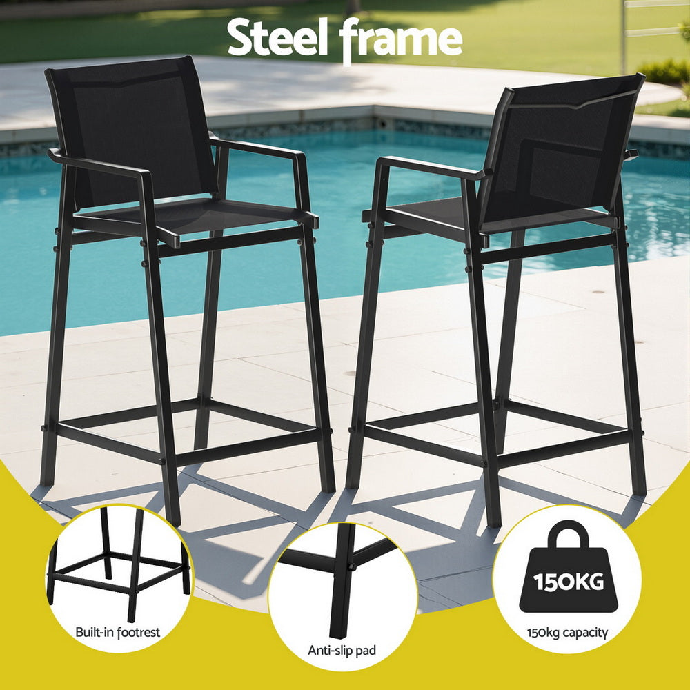 Two black bar stools with steel frame by a pool, featuring text and icons indicating features and capacity.
