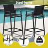 Two black bar stools with steel frame by a pool, featuring text and icons indicating features and capacity.