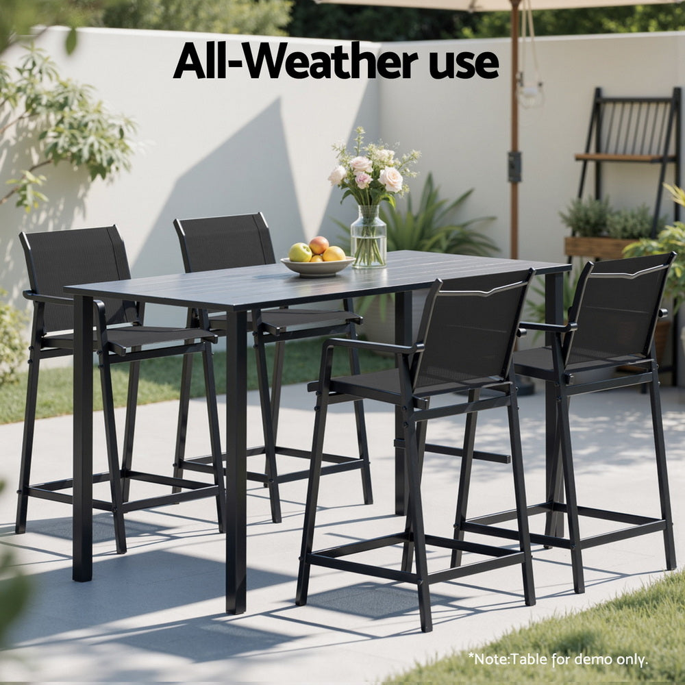 Outdoor dining set with table and chairs on a patio, labeled 'All-Weather use'.