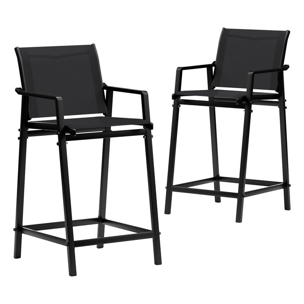 Two black bar stools on a white background