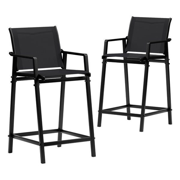 Two black bar stools on a white background