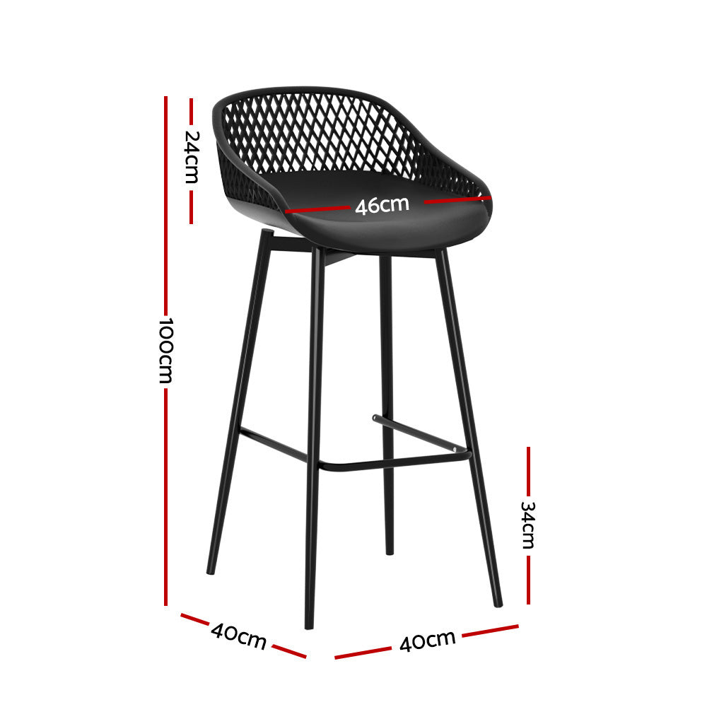 A black Gardeon outdoor bar stool with plastic seat and metal frame, showing its dimensions and set on a white background.