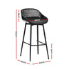 A black Gardeon outdoor bar stool with plastic seat and metal frame, showing its dimensions and set on a white background.
