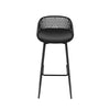 A black Gardeon outdoor bar stool with plastic seat and metal frame, facing forwards and set on a white background.