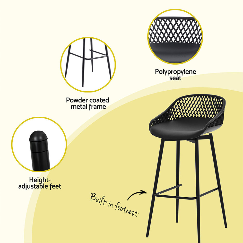A black Gardeon outdoor bar stool with plastic seat and metal frame with built in footrest, with 3 inset images showcasing its height adjustable feet, powder coated metal frame and polypropylene seat.