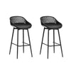 A pair of black Gardeon outdoor bar stools with plastic seats and metal frames, designed for use on a balcony or outdoor setting and set on a white background.