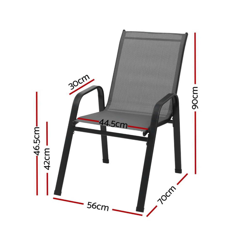 Gray outdoor chair with dimensions marked on a white background