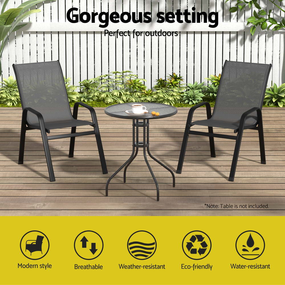Outdoor furniture set with two chairs and a round table on a wooden deck, featuring text and icons about product features.