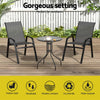Outdoor furniture set with two chairs and a round table on a wooden deck, featuring text and icons about product features.