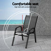 Grey outdoor chair with comfort features highlighted on a patio background