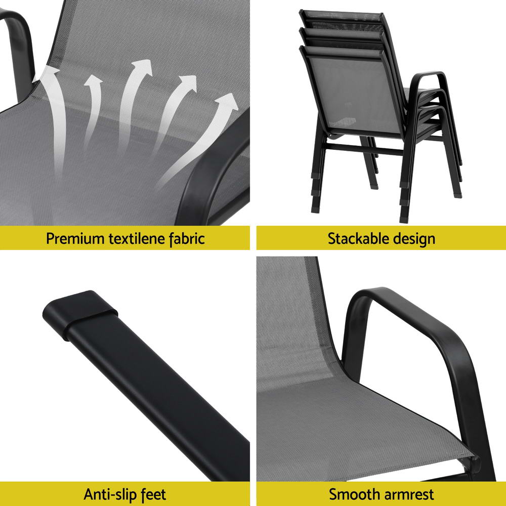 Collage of a chair with features highlighted, including textilene fabric, stackable design, anti-slip feet, and smooth armrest.