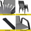 Collage of a chair with features highlighted, including textilene fabric, stackable design, anti-slip feet, and smooth armrest.