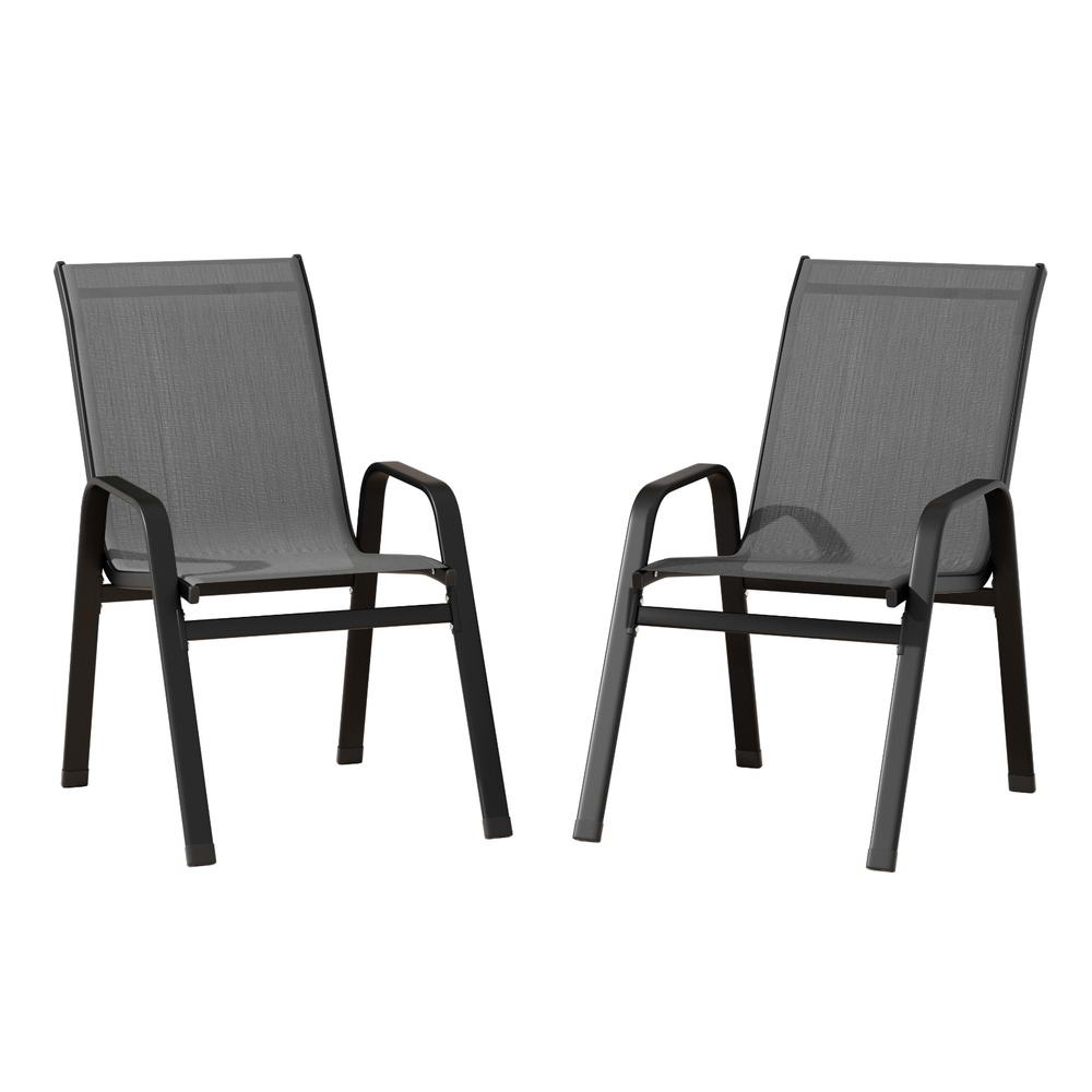 Two gray outdoor chairs on a white background