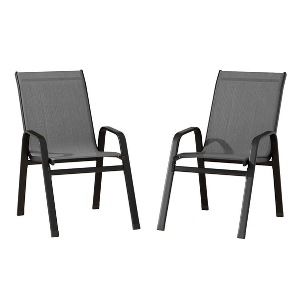 Two gray outdoor chairs on a white background