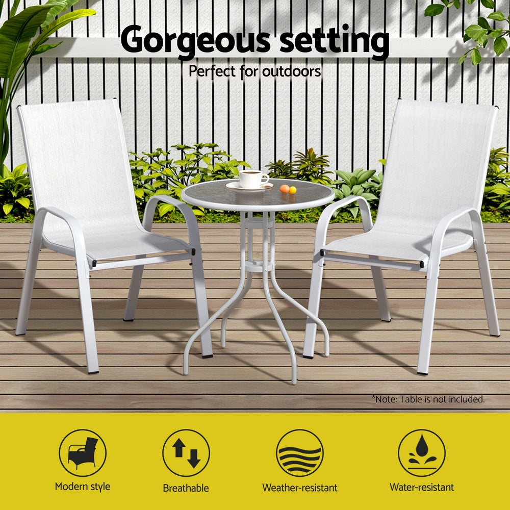 Outdoor furniture set with two chairs and a small table on a wooden deck, with text indicating it's perfect for outdoors.