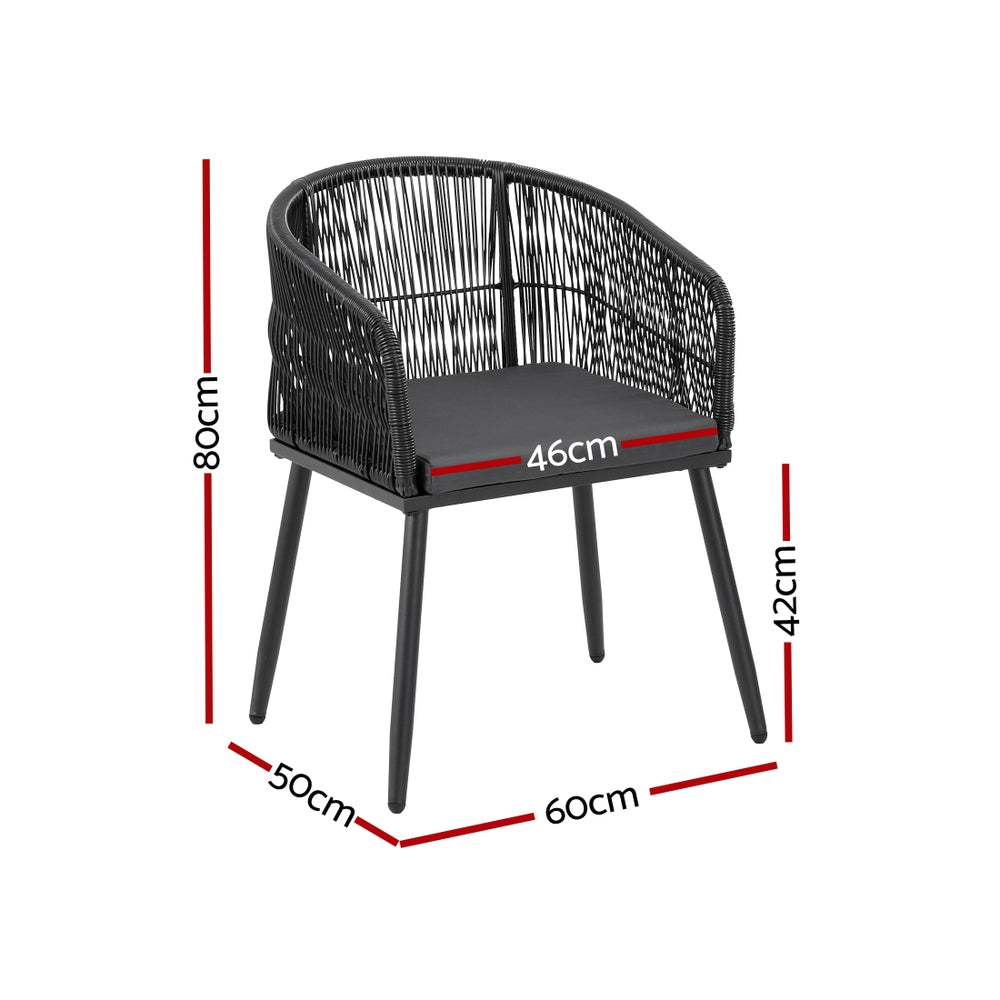 Black wicker chair with dimensions marked on a white background