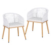 Two white wicker chairs with wooden legs on a white background
