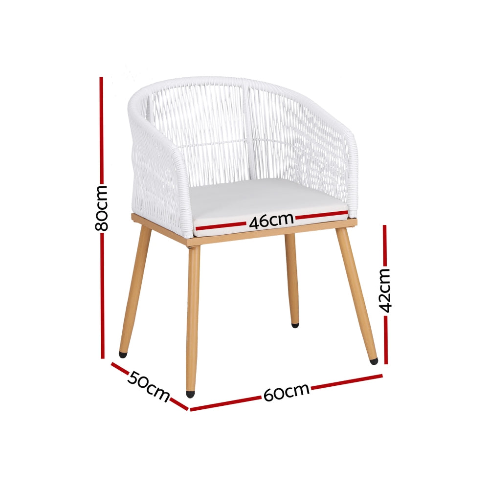 White wicker chair with dimensions marked on a white background