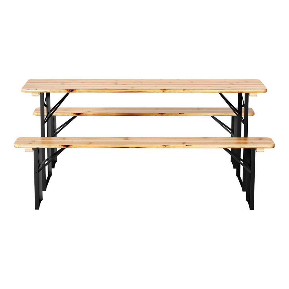 Front on image of a set of outdoor furniture consisting of a wooden tabletop and two matching benches with black metal frames and set on a white background.