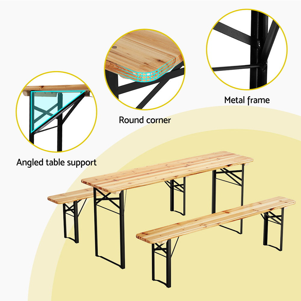 An outdoor furniture set consisting of a wooden tabletop and two matching benches with 3 inset images showing close-ups of angled table support, rounded corner and metal frame; on a white background.
