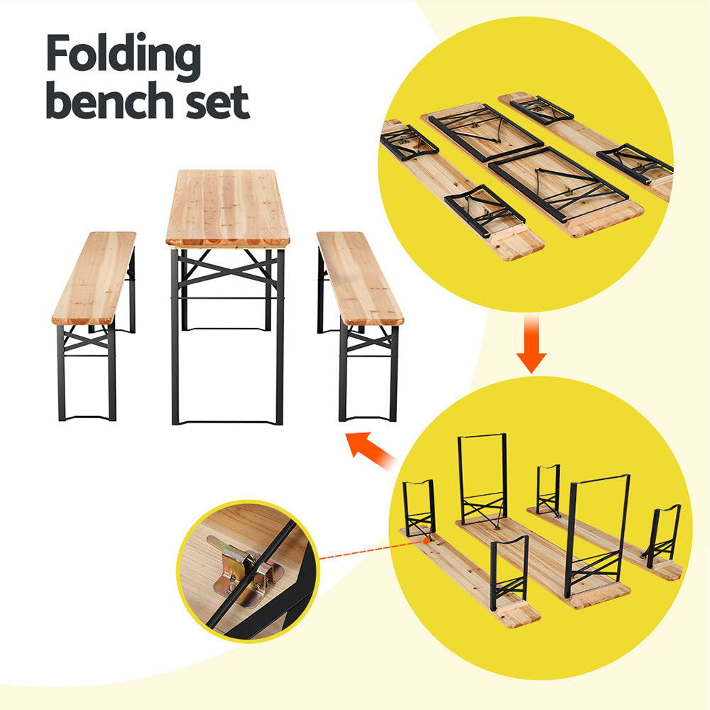 A folding outdoor furniture set consisting of a wooden tabletop and two matching benches with inset images showcasing that the pieces all fold up with locking hinges on a white background.