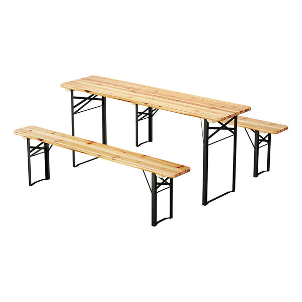 A set of outdoor furniture consisting of a wooden tabletop and two matching benches with black metal frames and set on a white background.