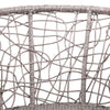 Close-up image of a grey high-backed rattan chair showing its back design and weave and set against a white background.
