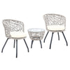 A three-piece outdoor bistro set comprising two high-backed chairs with beige cushions and a round rattan table with a clear glass top on a grey frame, set against a white background.