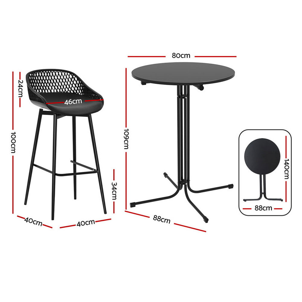Black bar stool and round table with dimensions on a white background