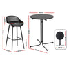 Black bar stool and round table with dimensions on a white background