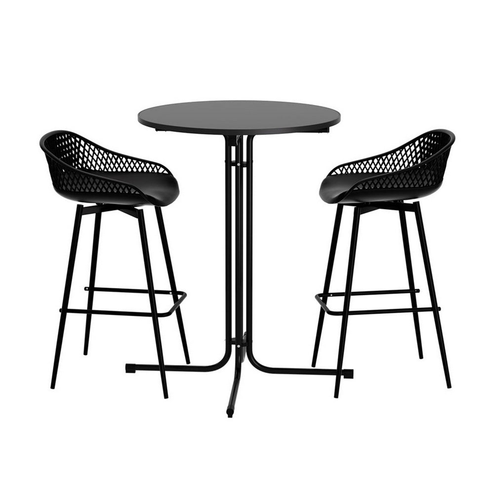 Black round table with two matching stools on a white background