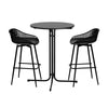 Black round table with two matching stools on a white background