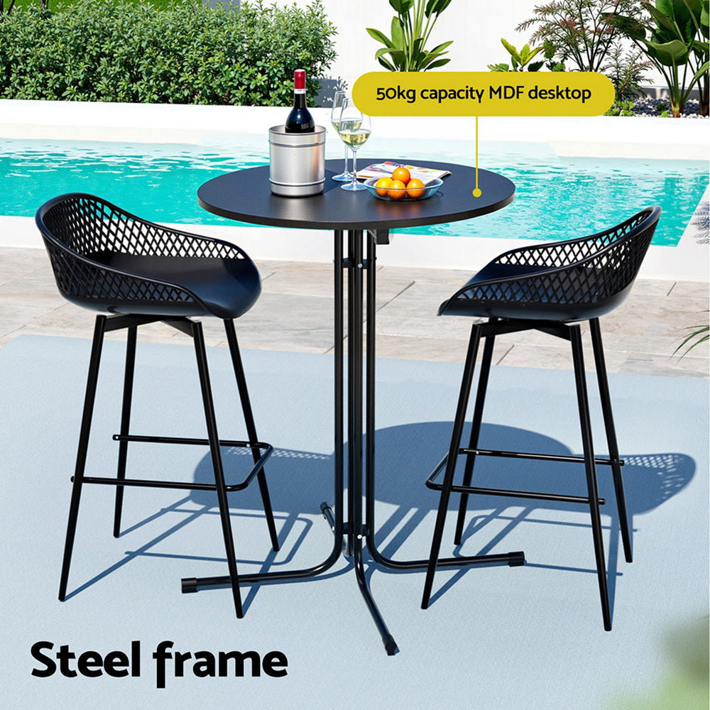 Outdoor patio set with table and chairs by a pool, featuring a 50kg capacity MDF desktop.