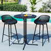 Black outdoor bar table with two stools by a pool