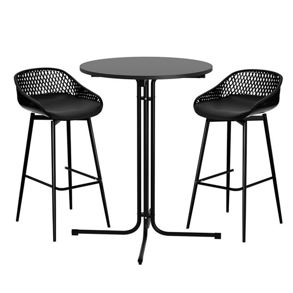Black bar stools with mesh backrests and a round gray table on a white background