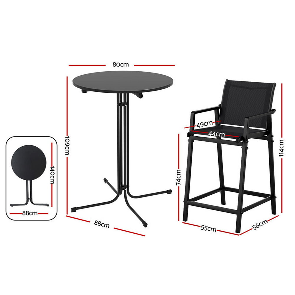 Black round table and high chair with dimensions on a white background
