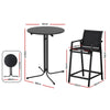 Black round table and high chair with dimensions on a white background