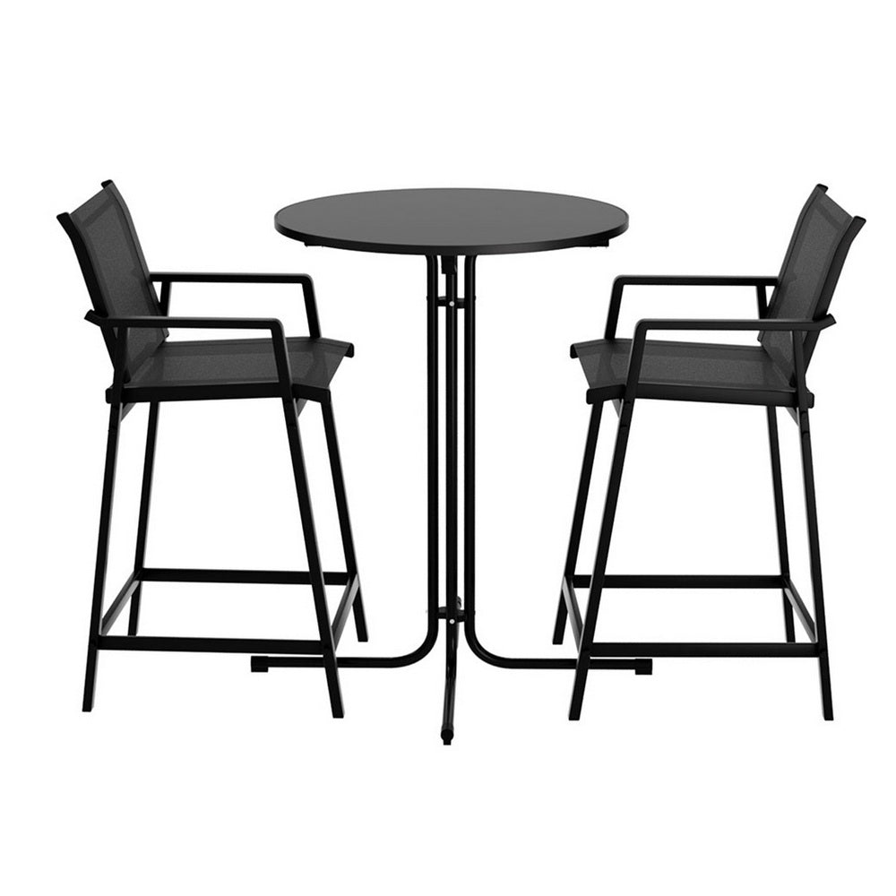 Black metal table with two matching chairs on a white background